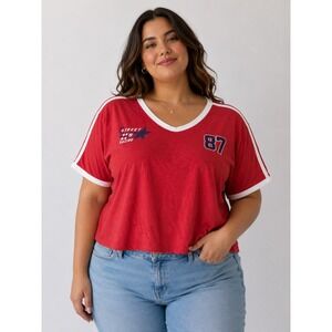 Outlaw Red Street Racing 87 V-Neck Graphic Ringer Tee Short Sleeve XL